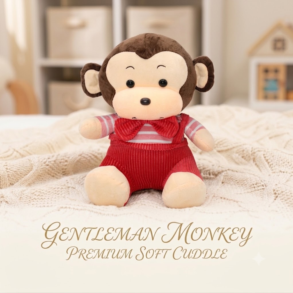 Monkey Plush Toy with Corduroy Overalls & Bowtie