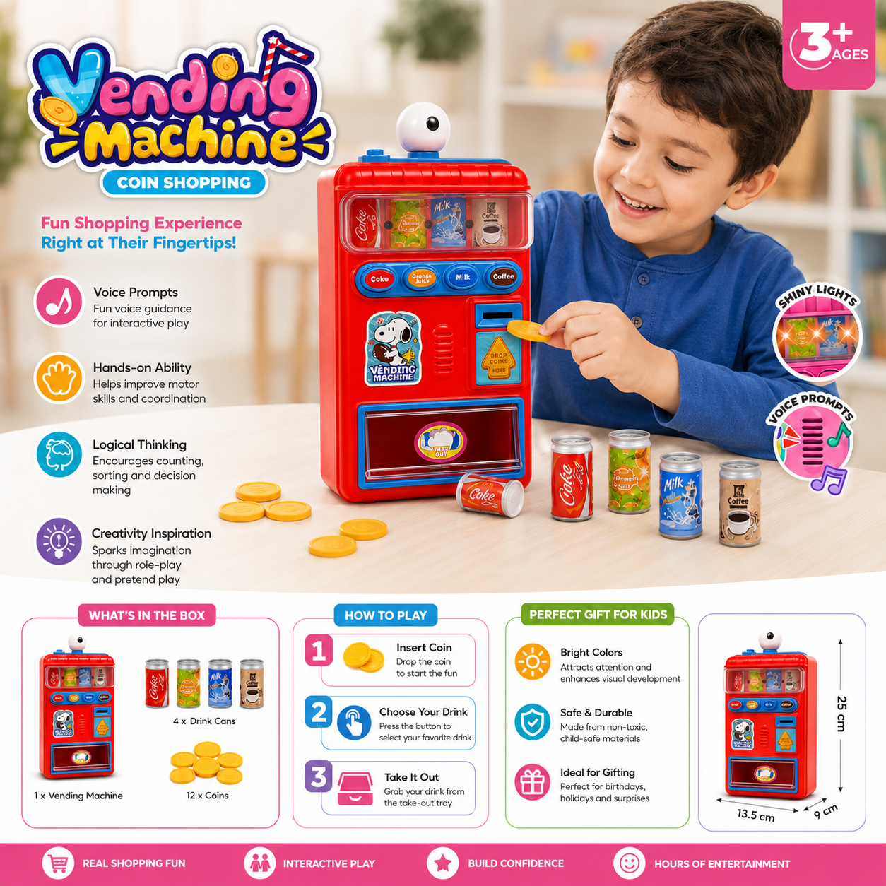 Kids Vending Machine Toy with Coins & Mini Drink Cans