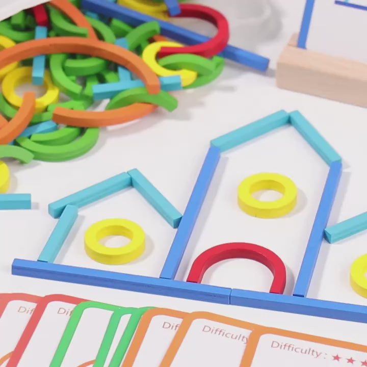Wooden Sticks and Rings Pattern Matching Puzzle Cards - D41