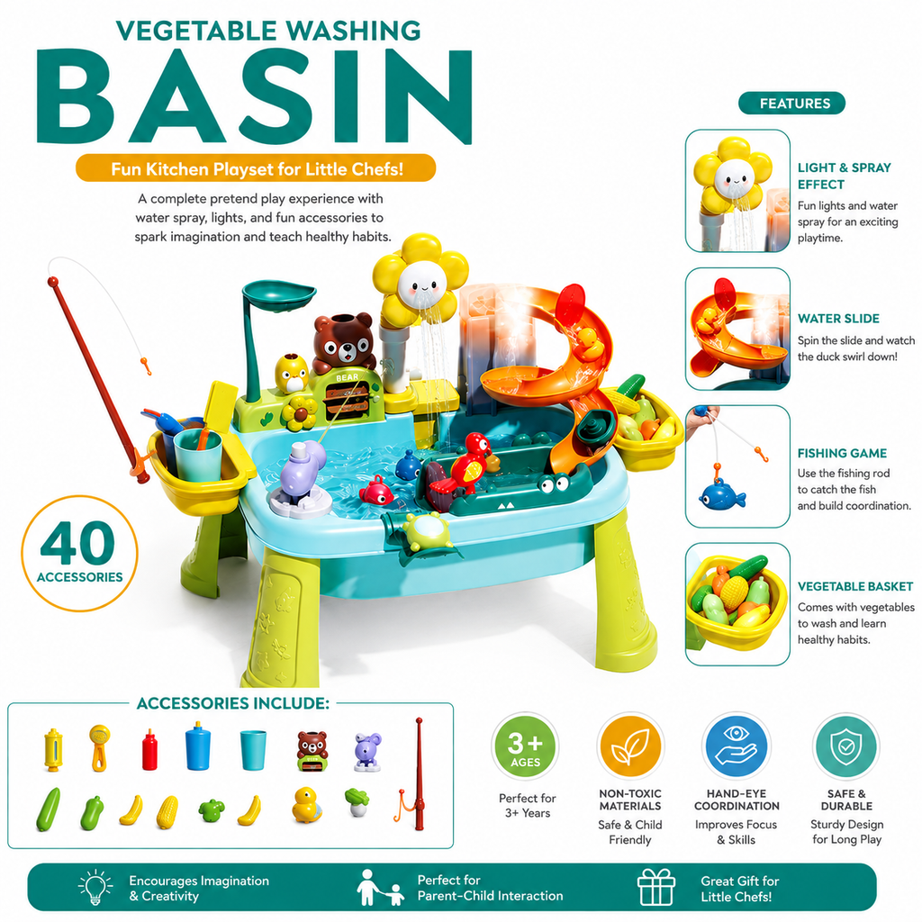 Kids Vegetable Washing Basin Playset with Water Spray & 40 Accessories