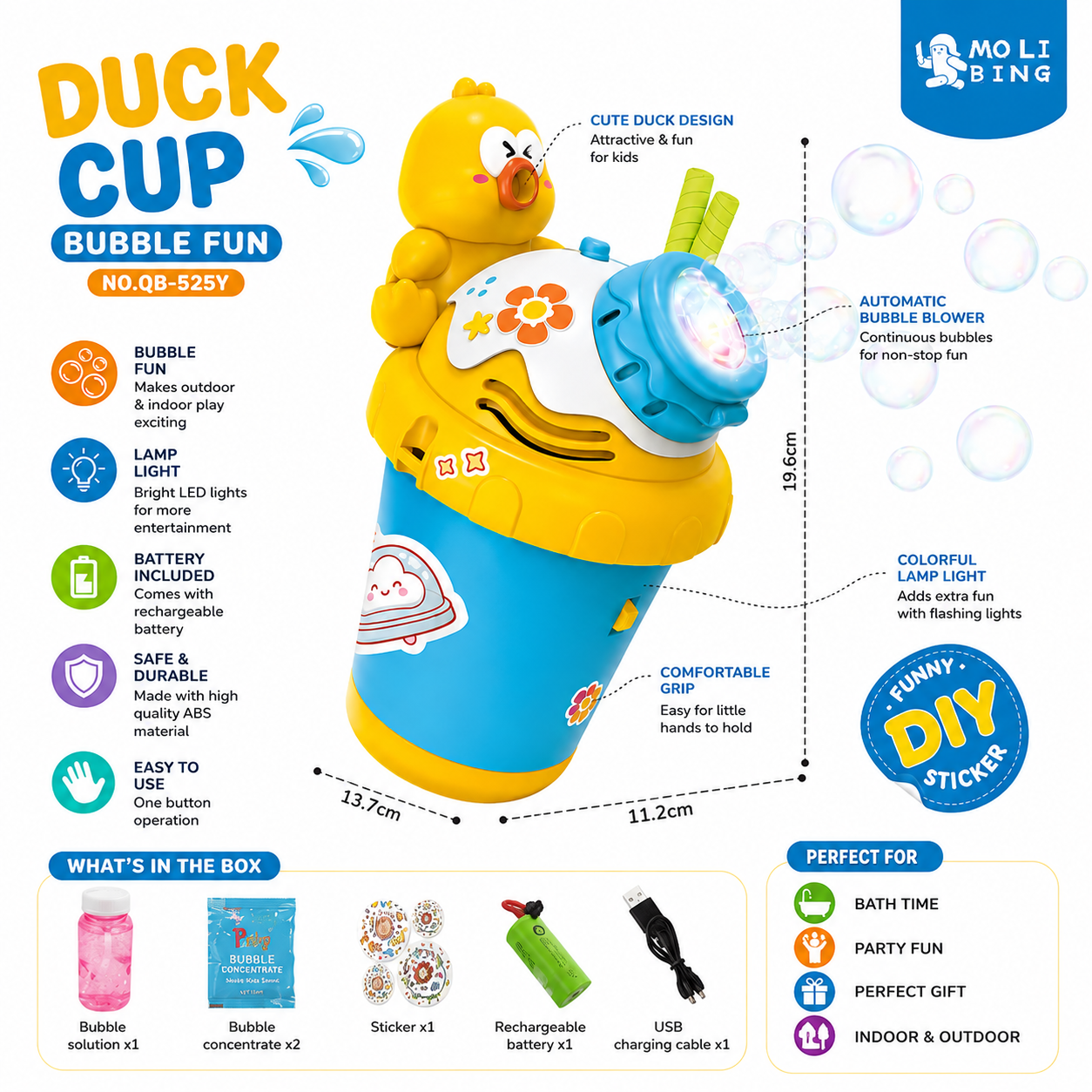 Duck Cup Automatic Bubble Blower Toy with LED Light & Rechargeable Battery