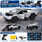 1:24 Remote Control Alloy Tesla Cybertruck – Rechargeable RC Car Toy with LED Lights