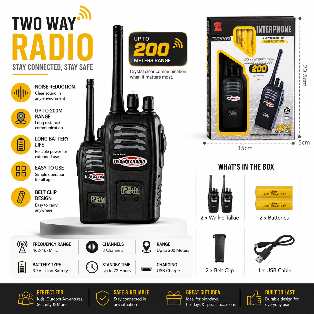 Kids Walkie Talkie Set – 200M Long Range Two Way Radio - 2pcs