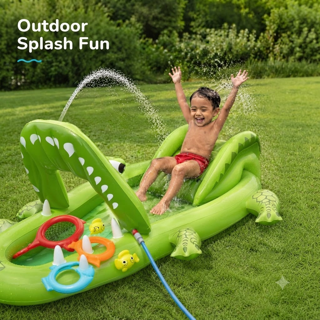 Inflatable Crocodile Water Play Center with Slide & Sprinkler 7'8" x 64" x 34"/2.34m x 1.63m x 87cm Later Gator Play Center