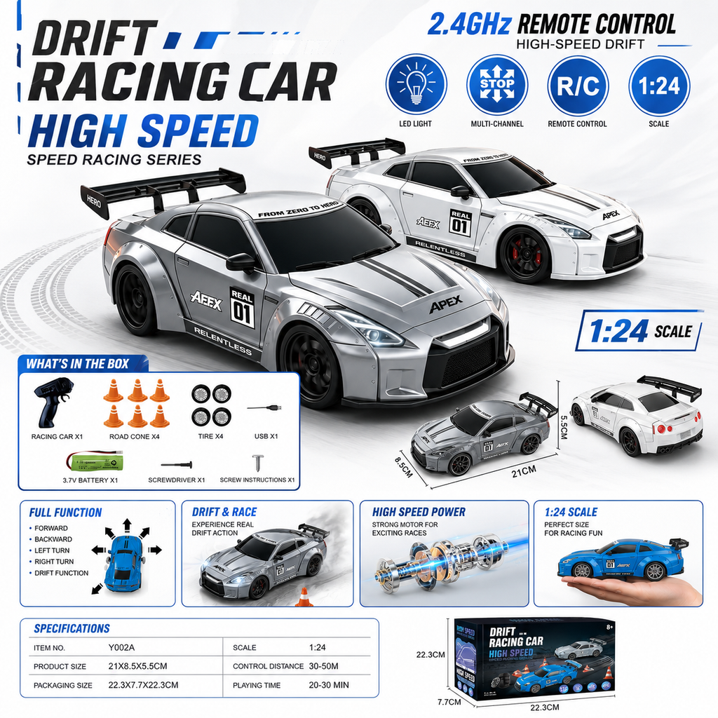 1:24 High-Speed RC Drift Racing Car with LED Lights & 2.4GHz Remote Control