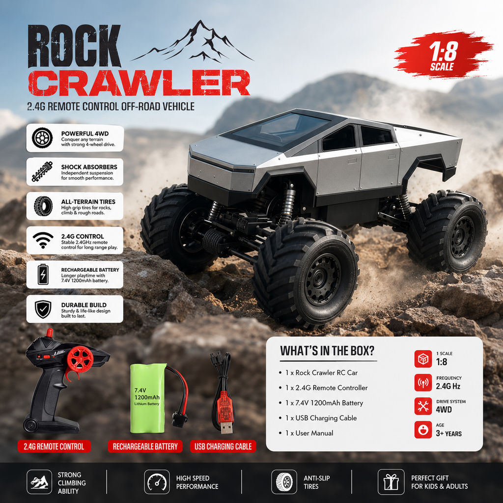 1:8 Rock Crawler 4WD RC Off-Road Truck with 2.4GHz Remote & Rechargeable Battery