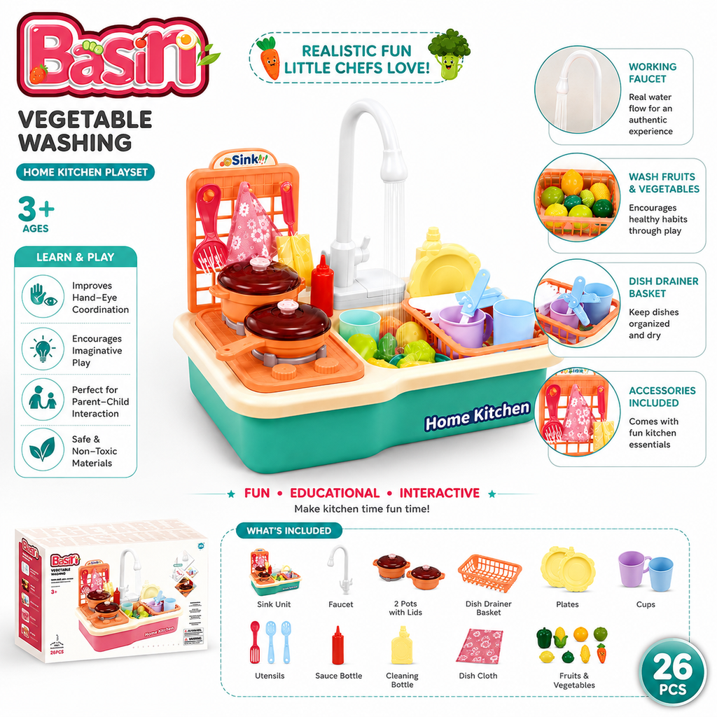 Kids Kitchen Sink Playset with Running Water & 26 Accessories