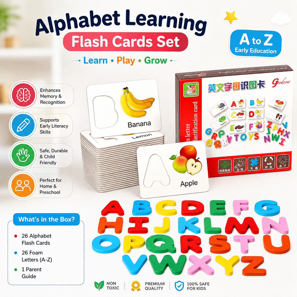 Alphabet Learning Flash Cards & 26-Piece Letters Set