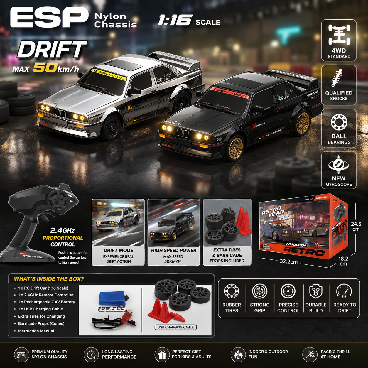 1:16 Scale RC Drift Car – 4WD 50KM/H Proportional Control