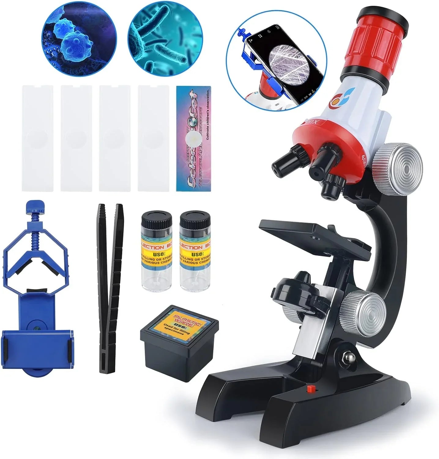 Kids Science Microscope Kit 🔬 - Red / Blue / Orange Color – JustForKids
