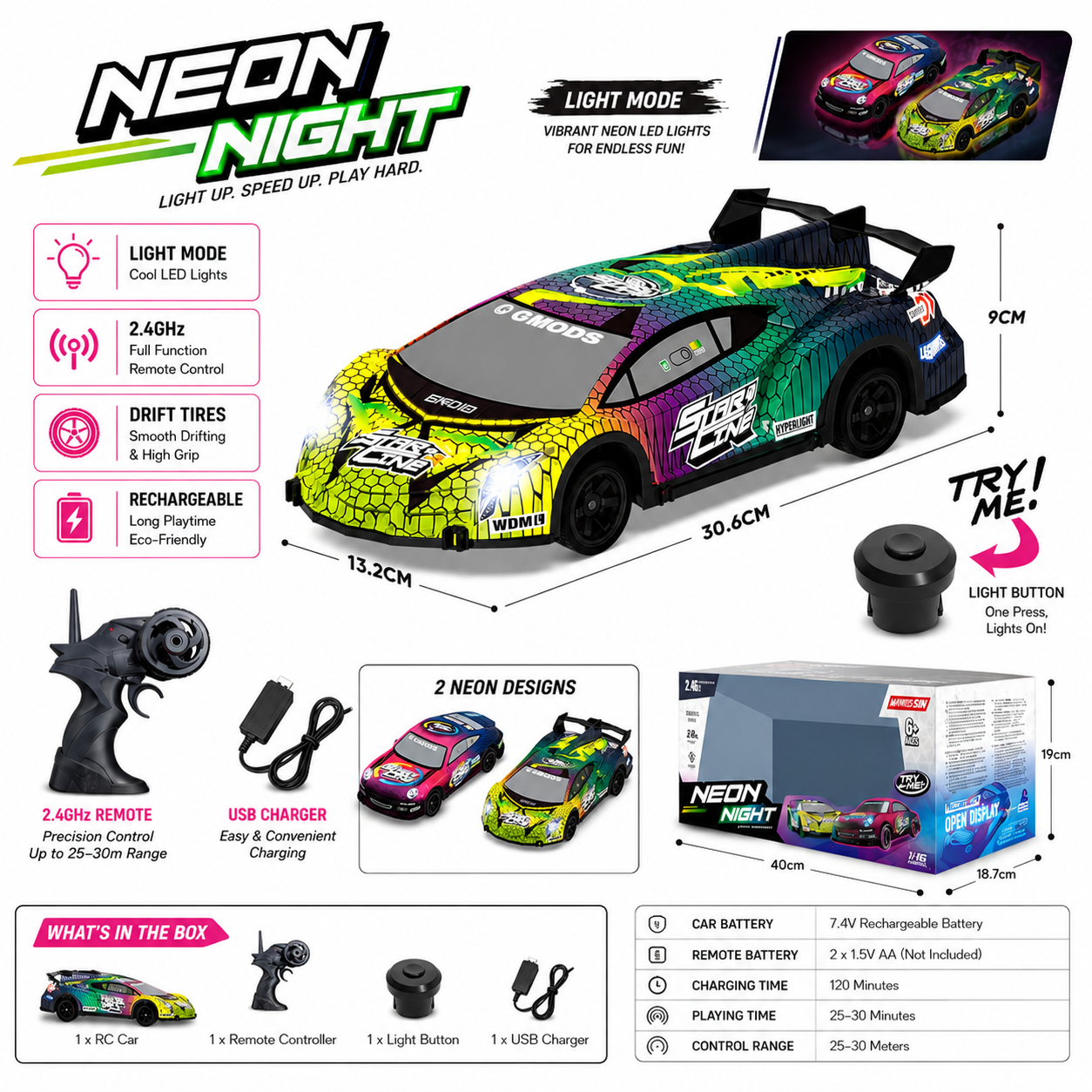Neon Night 2.4GHz RC Drift Car with LED Lights