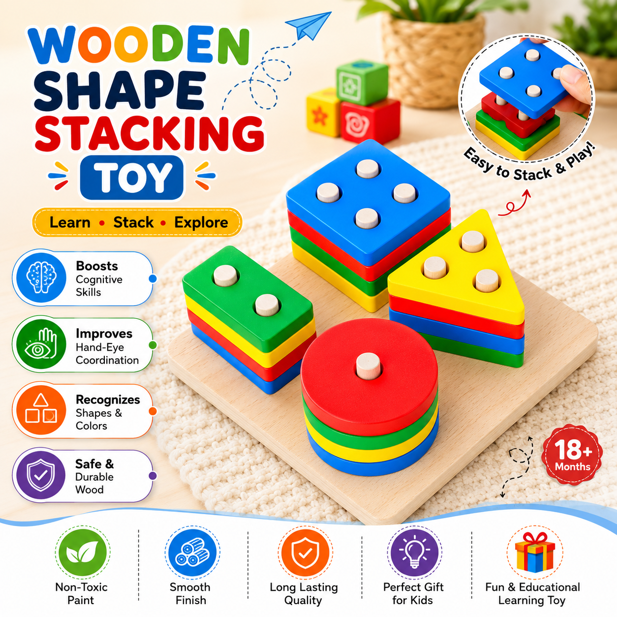 Wooden Shape Stacking - Montessori Educational Learning Toy