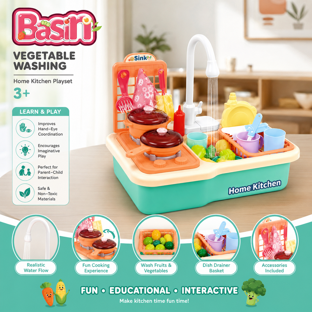 Kids Kitchen Sink Playset with Running Water & 26 Accessories