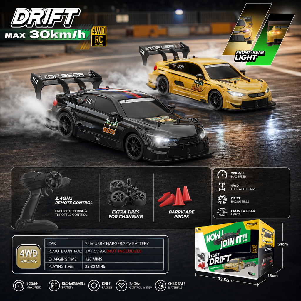 4WD RC Drift Racing Car – 30KM/H Remote Control Car with LED Lights