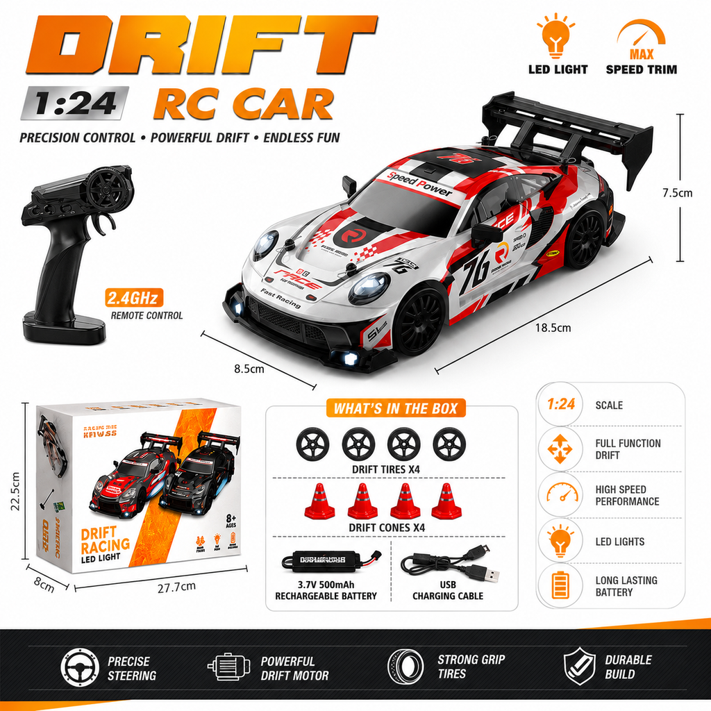 1:24 Drift RC Car with LED Lights – 2.4GHz Remote Control Racing Toy