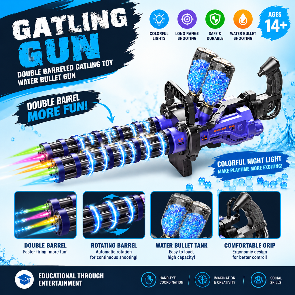 Double Barrel Gatling Water Bullet Gun with LED Lights