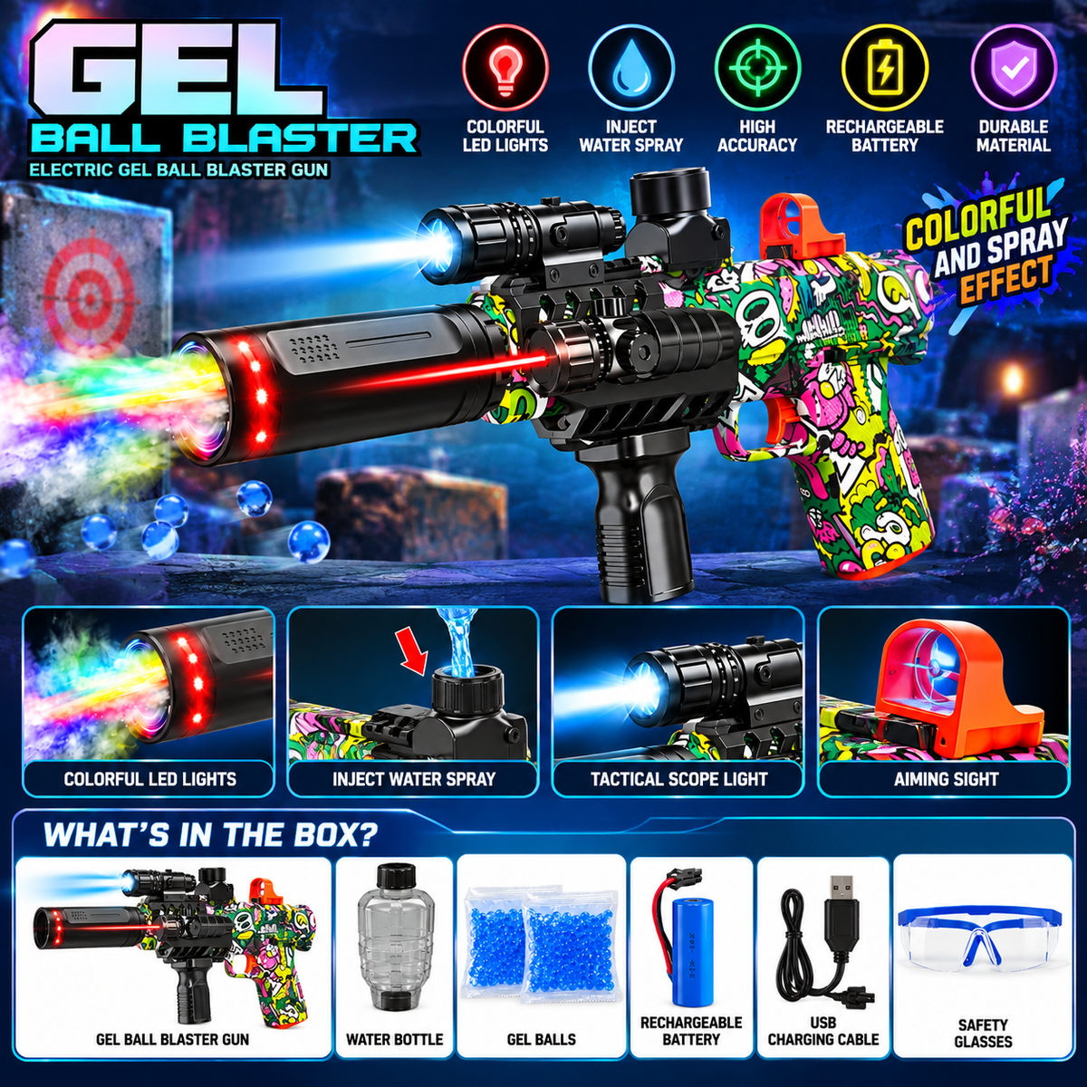 Electric Gel Ball Blaster Gun with LED Lights, Water Spray & Rechargeable Battery