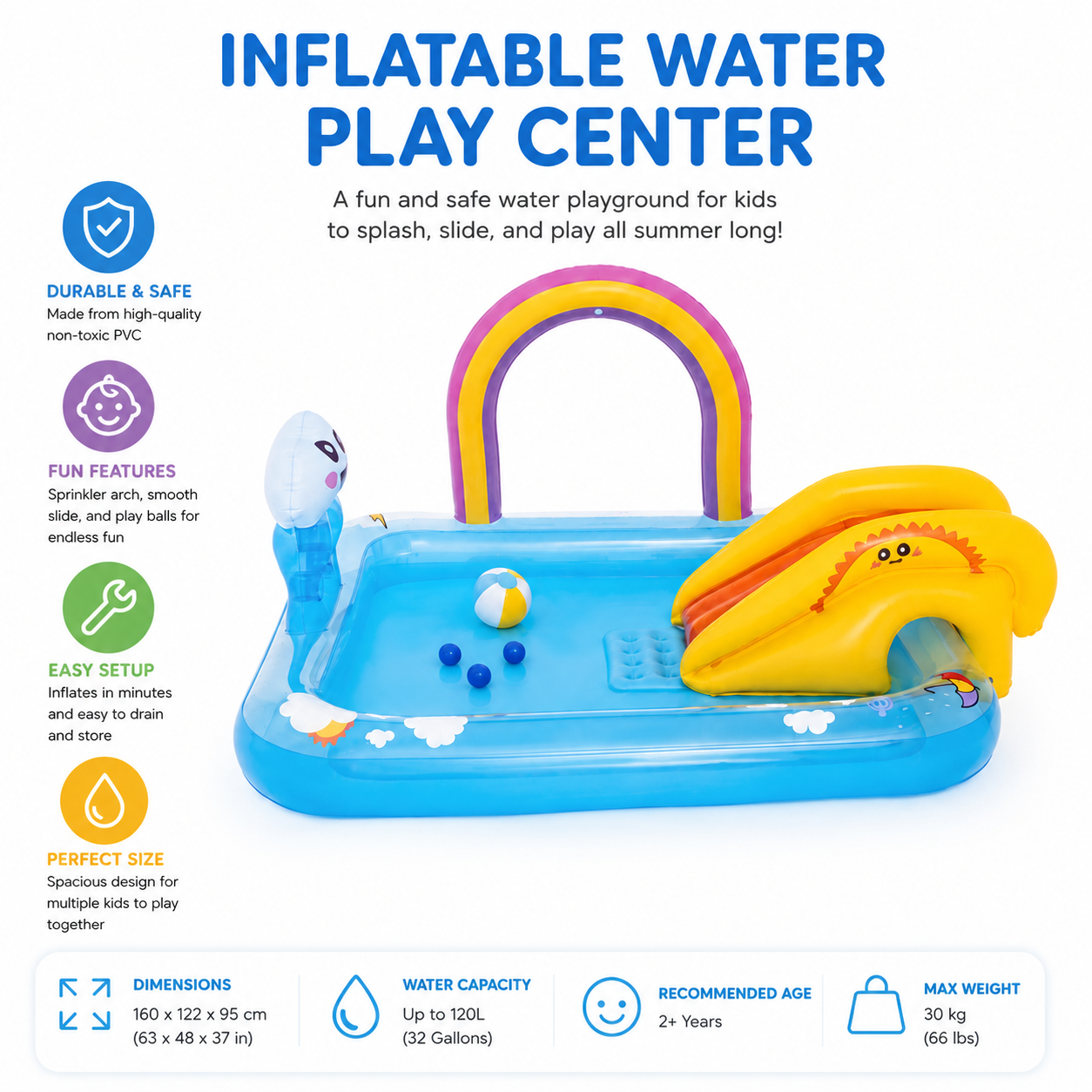 Inflatable Kids Water Play Center with Rainbow Sprinkler & Slide 6'2" x 5'9" x 35/1.88m x 1.50m x 89cm Rainbows N Rays Play Center