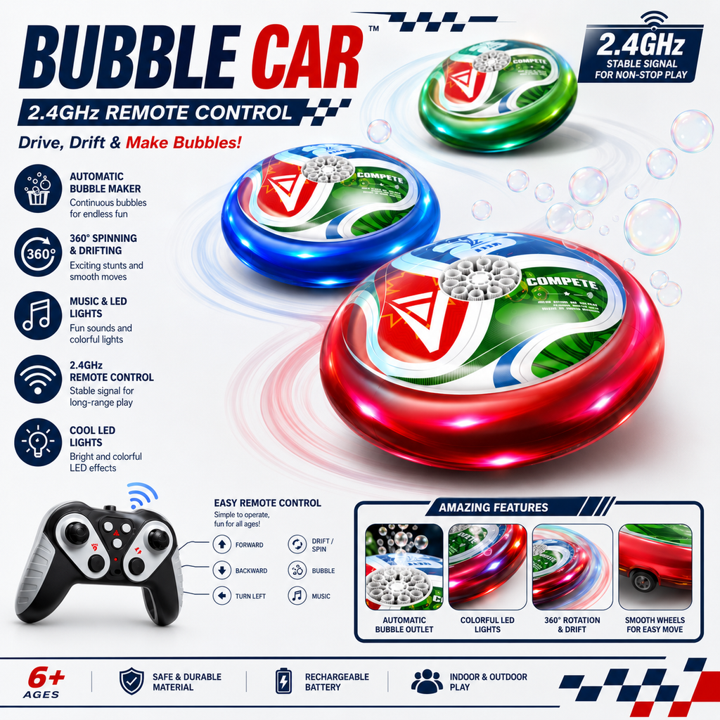 2.4GHz Remote Control Bubble Car with LED Lights, Music & Automatic Bubble Maker