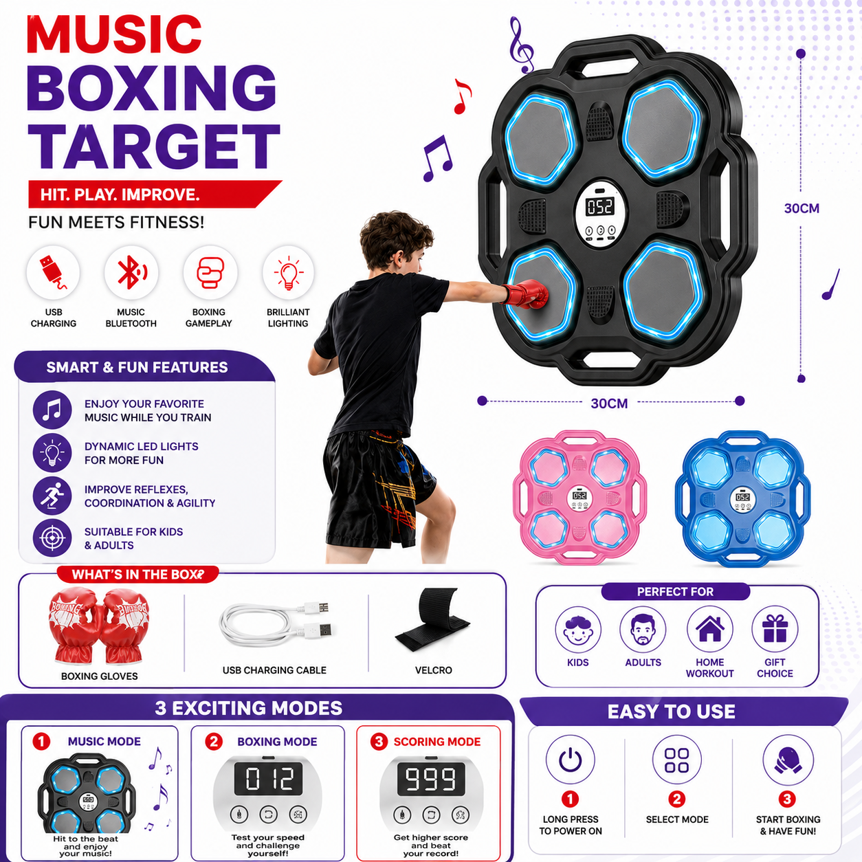 Music Boxing Target – LED Smart Boxing & Music Game for Kids & Adults