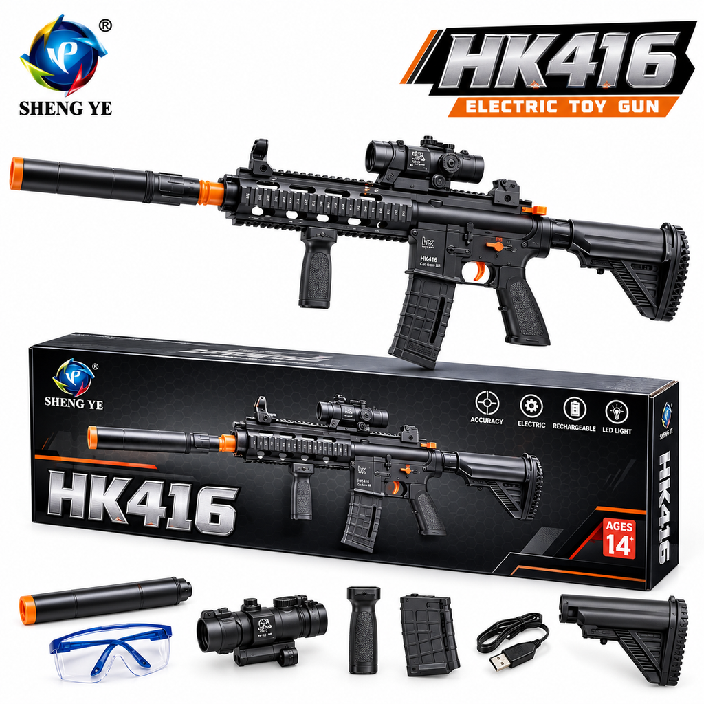 HK416 Electric Toy Gun with Scope, LED Light & Rechargeable Battery