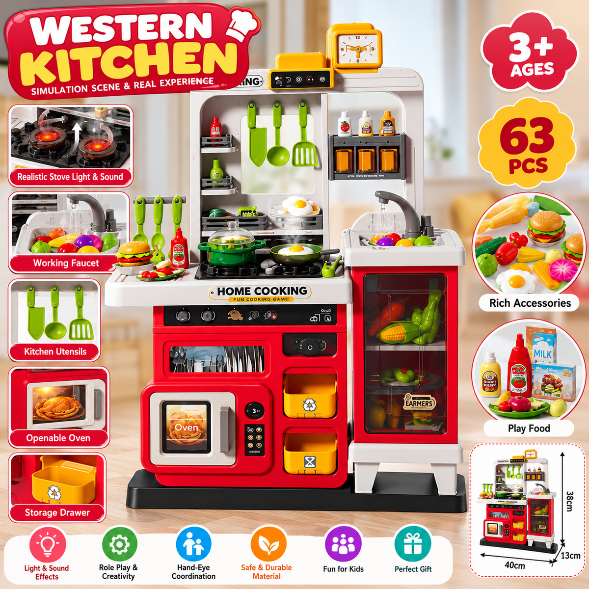 Western Kitchen Play Set for Kids – 63 PCS Pretend Cooking Toy