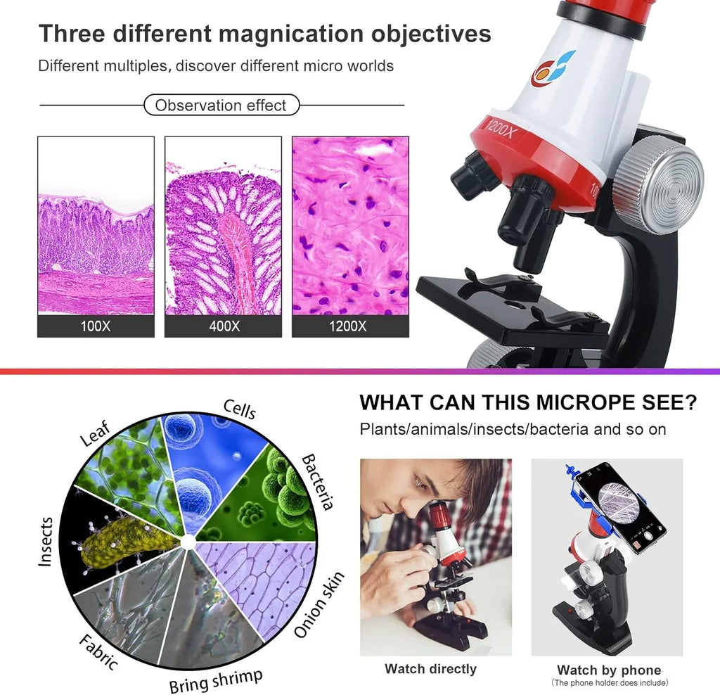 Kids Science Microscope Kit 🔬 - Red / Blue / Orange Color - JustForKids