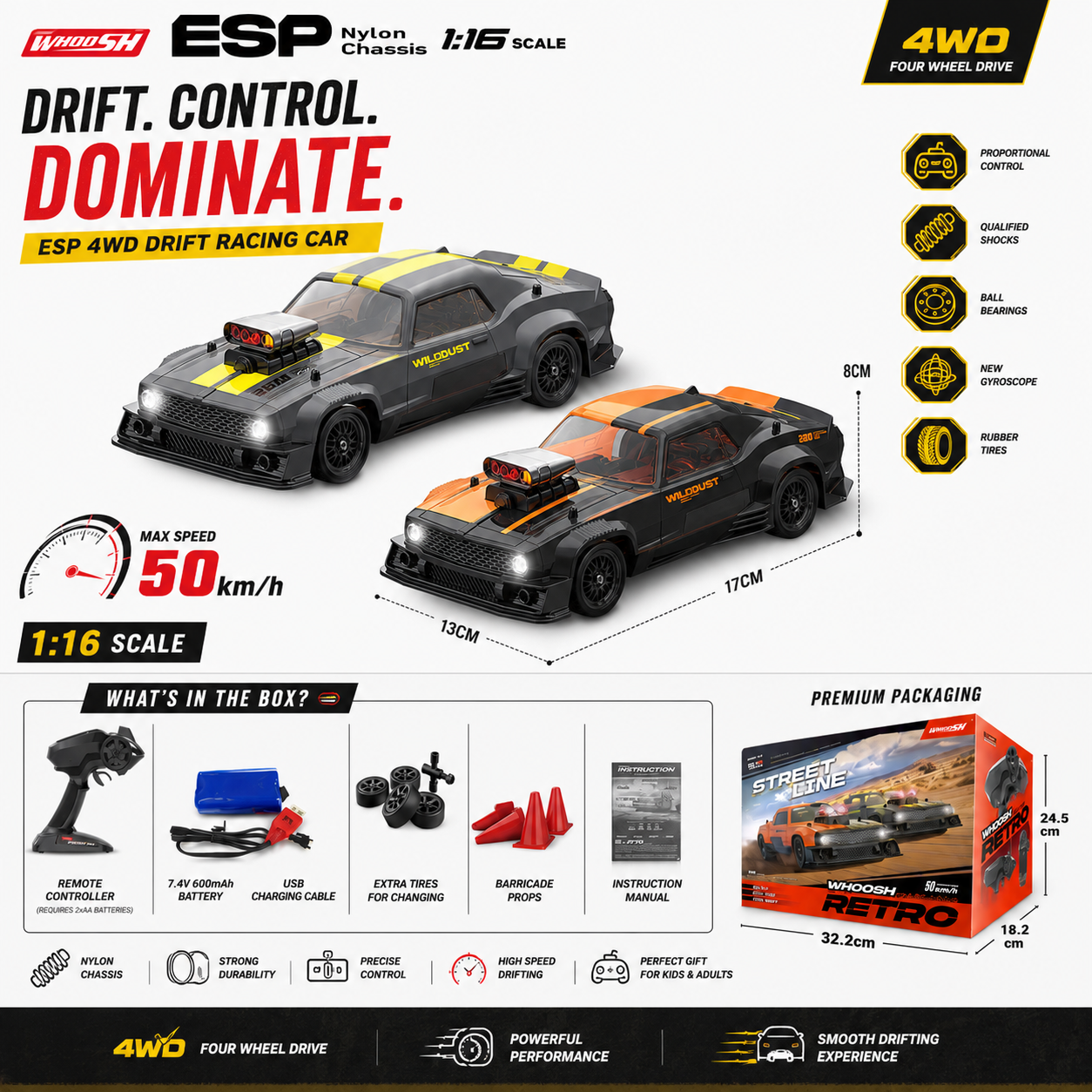 WHOOSH ESP 4WD RC Drift Racing Car – 50KM/H High-Speed