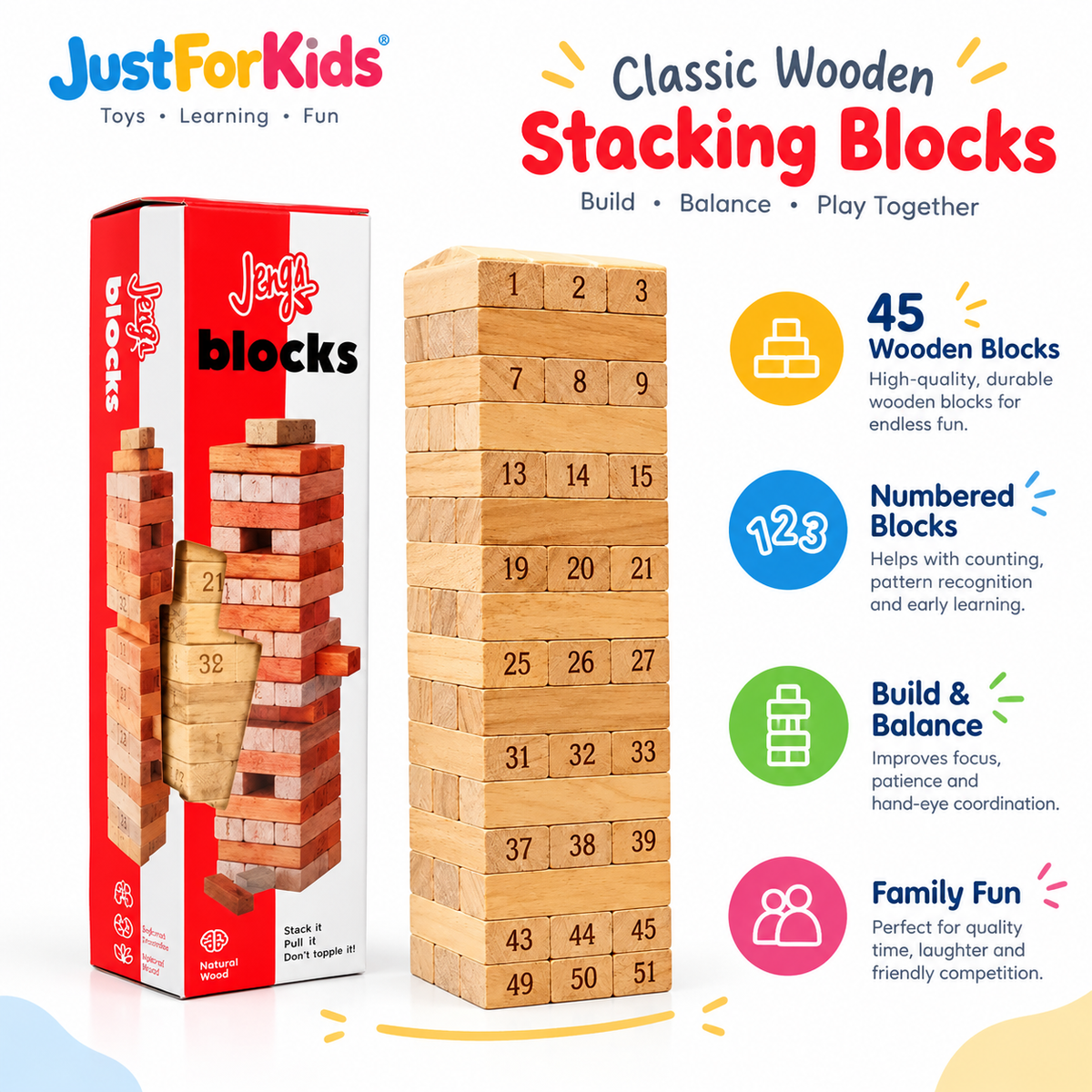 Wooden Jenga Blocks Tower Game – Educational & Fun Stacking Toy