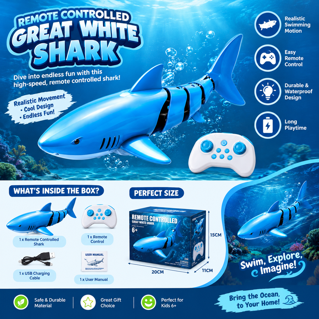 Remote Controlled Great White Shark Toy – Waterproof Swimming Toy
