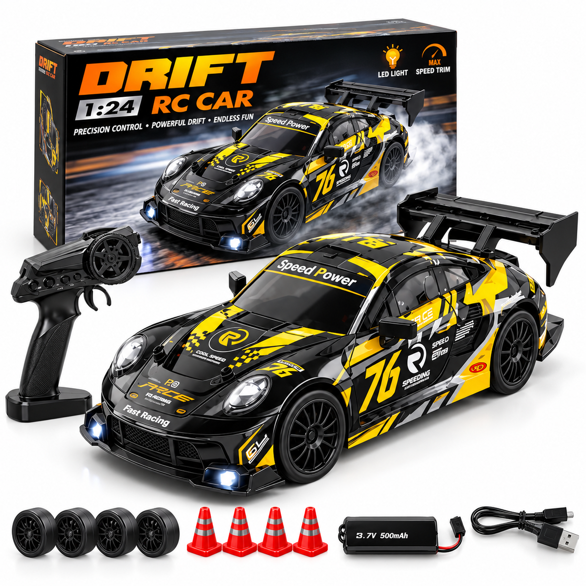 1:24 Drift RC Car with LED Lights – 2.4GHz Remote Control Racing Toy