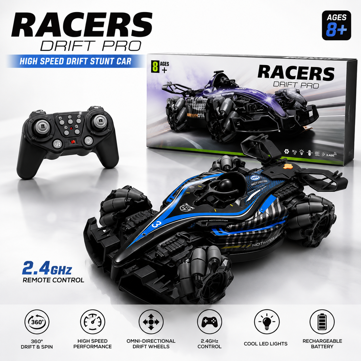 Racers Drift Pro RC Stunt Car with 2.4GHz Remote | 360° Drift Racing Toy
