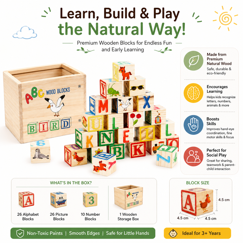 Wooden ABC Alphabet & Number Blocks for Kids