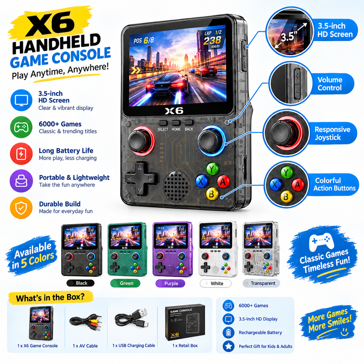 X6 3.5-Inch Handheld Game Console – 6000+ Games
