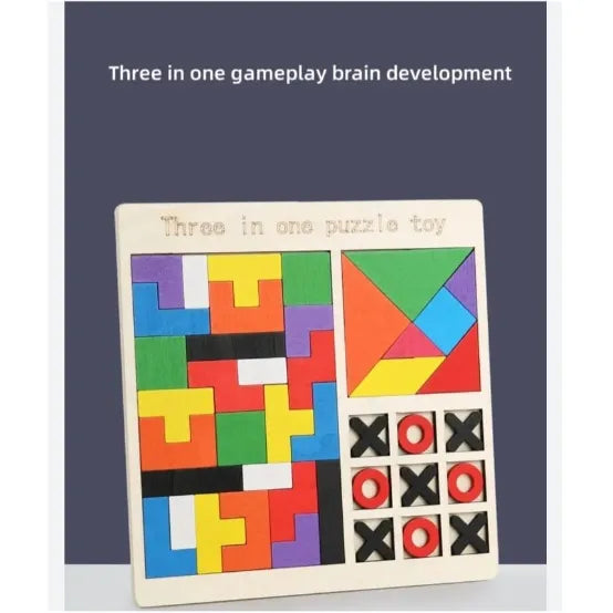 3-in-1 Wooden Puzzle Toy – Tangram, Block Fit & Tic Tac Toe Game