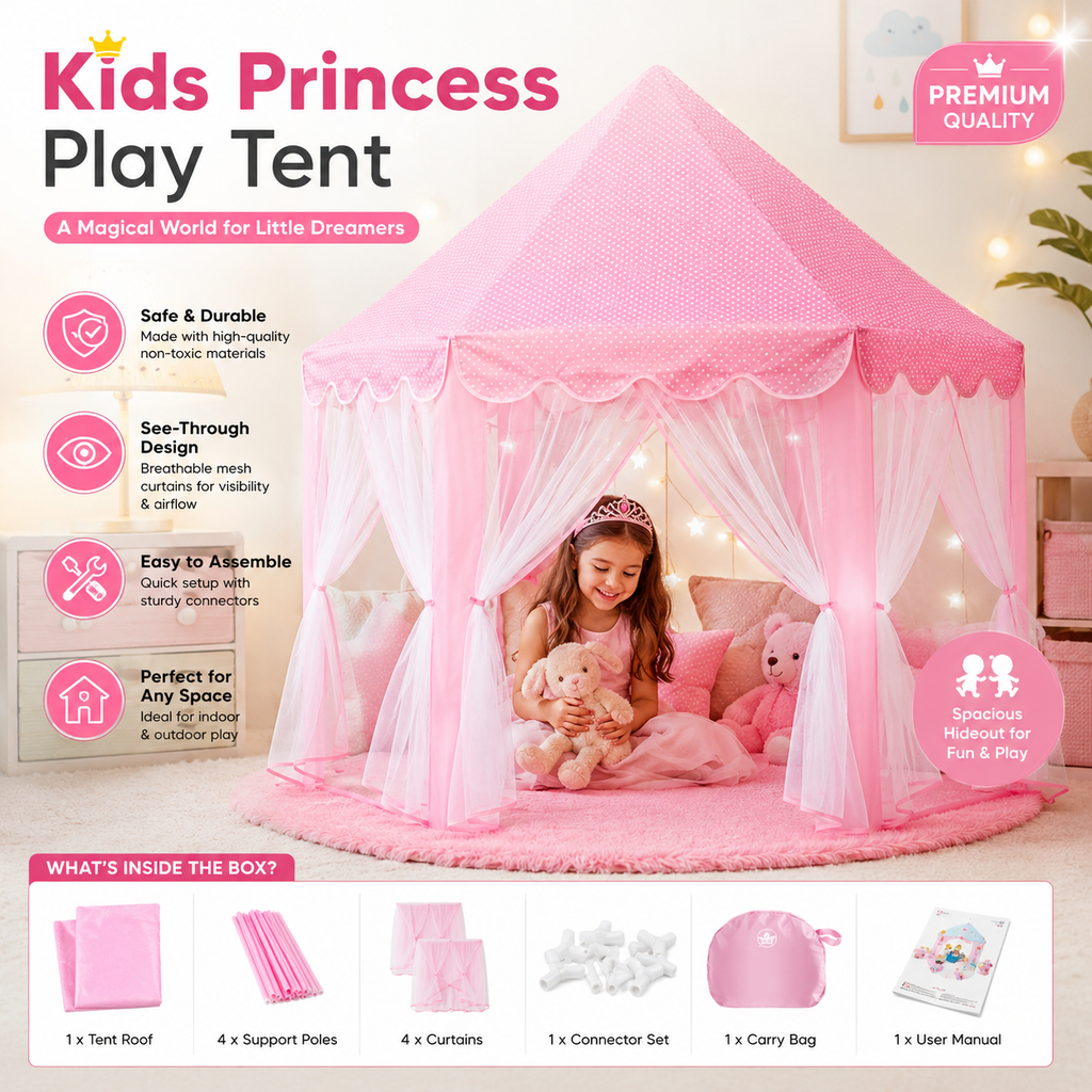 Kids Princess Play Tent House with Curtains - Indoor Playhouse for Girls
