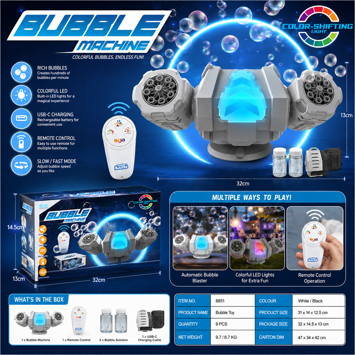 Bubble Machine with Color-Shifting LED Lights & Remote