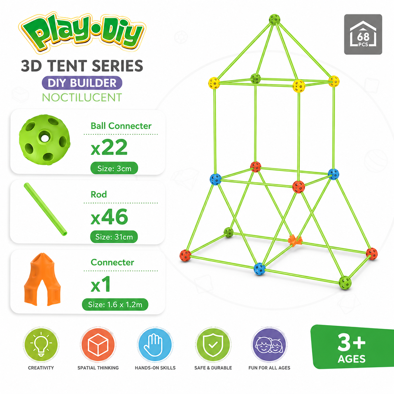 Play-Diy 3D Tent Series DIY Builder  – 68 PCS Glow Construction