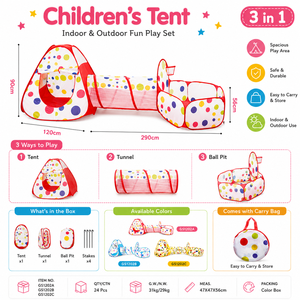 3-in-1 Kids Play Tent with Tunnel & Ball Pit - Indoor & Outdoor Pop-Up Playhouse