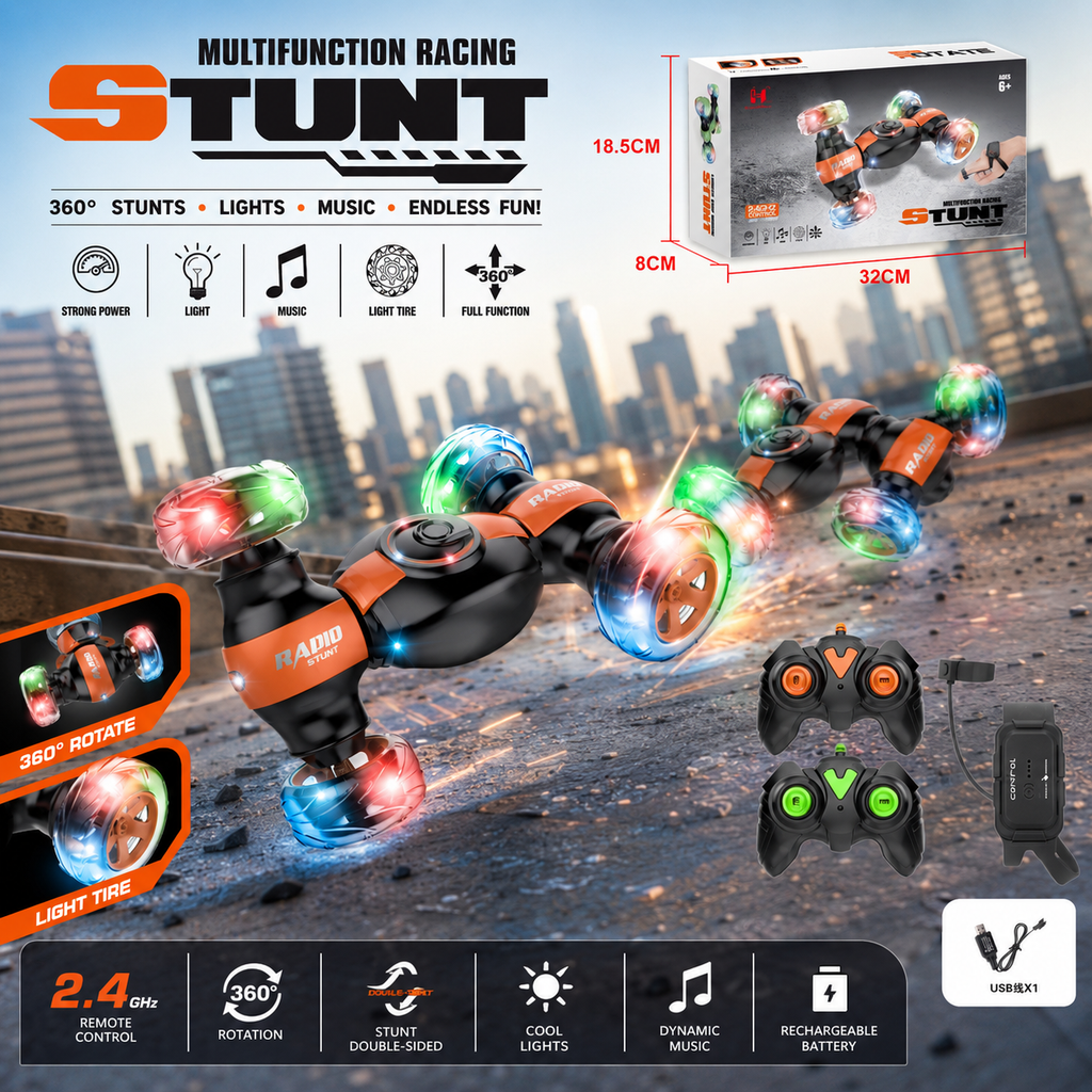 Multifunction 360° Stunt RC Car with LED Lights & Music