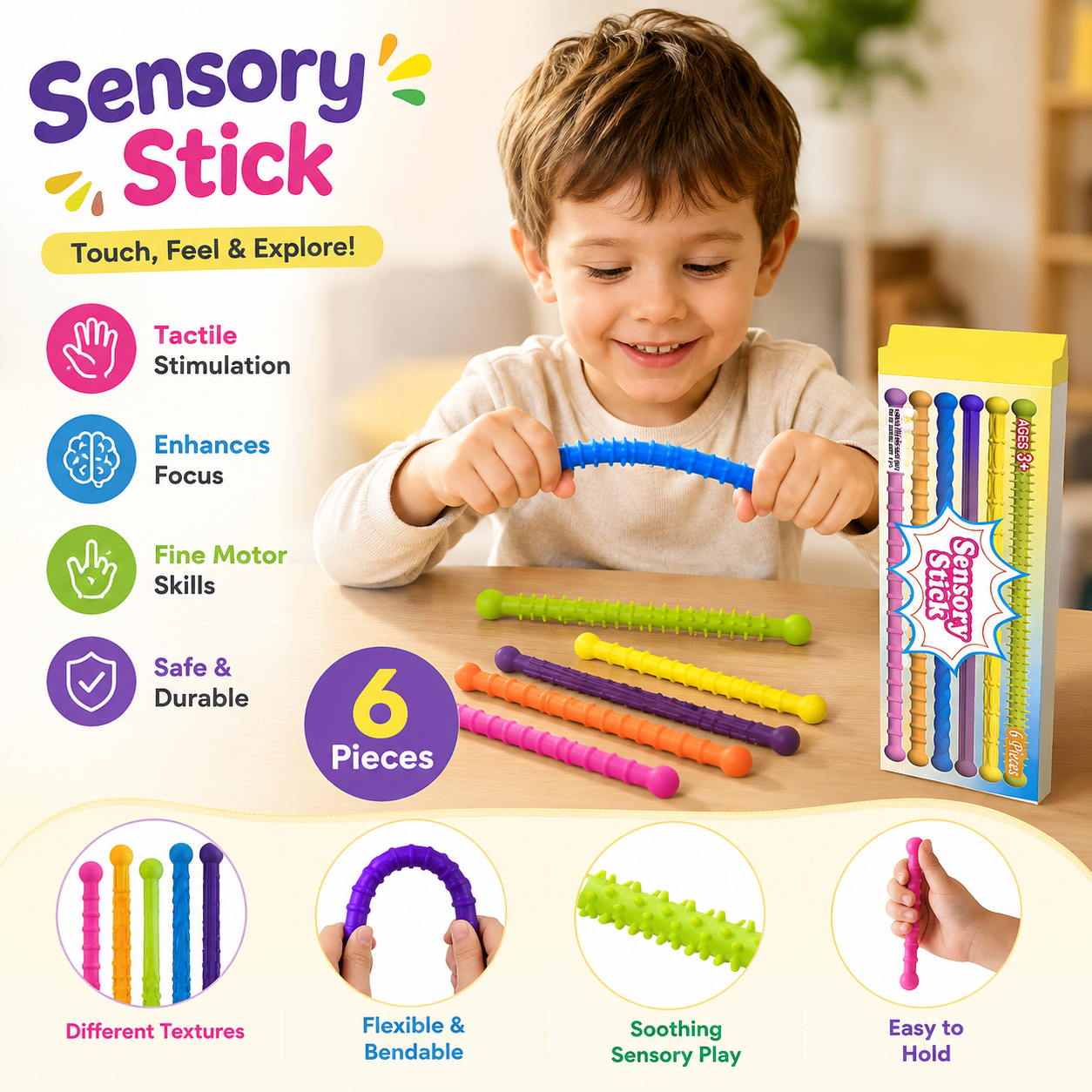 6-Piece Sensory Stick Set for Kids | Montessori Educational Sensory Toy