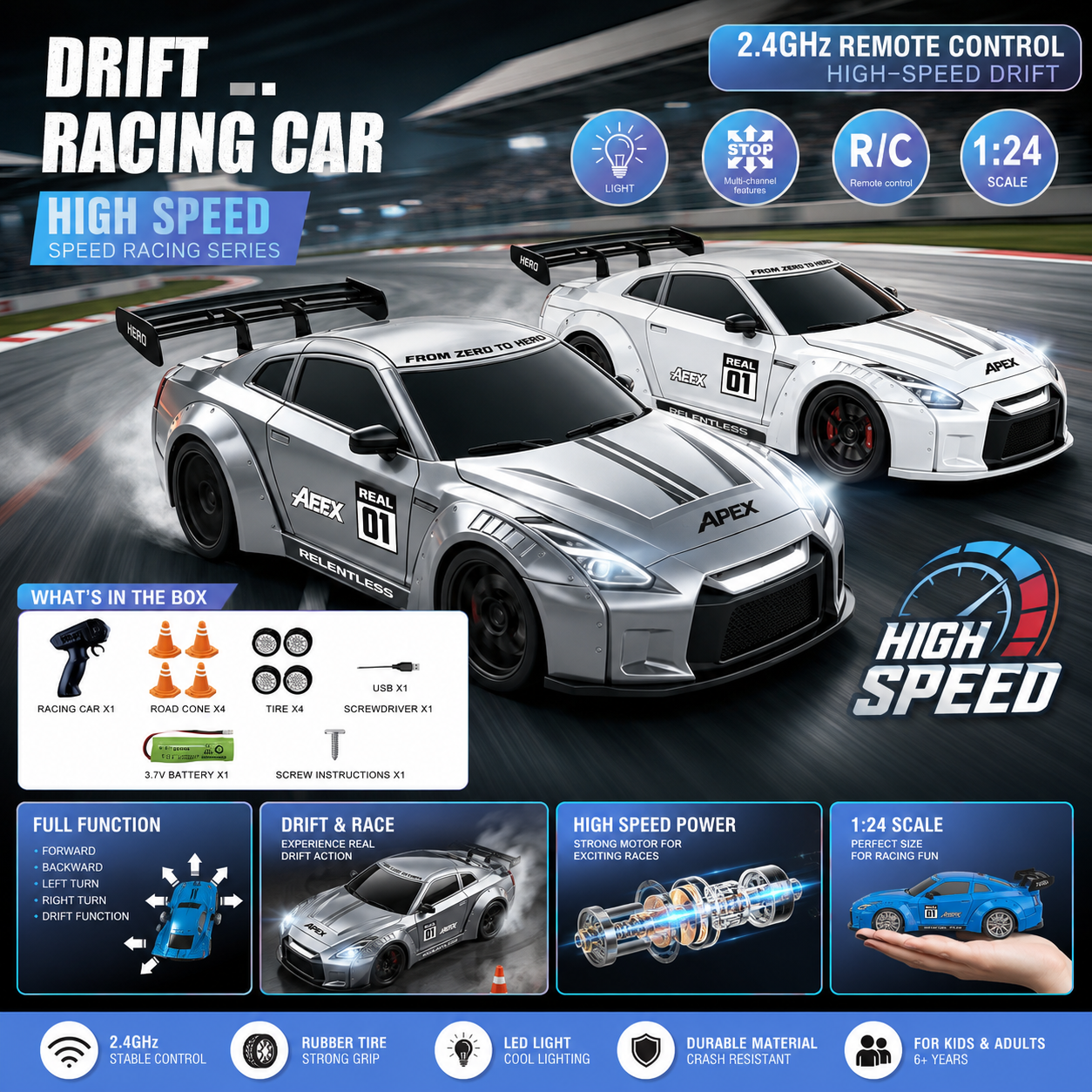 1:24 High-Speed RC Drift Racing Car with LED Lights & 2.4GHz Remote Control