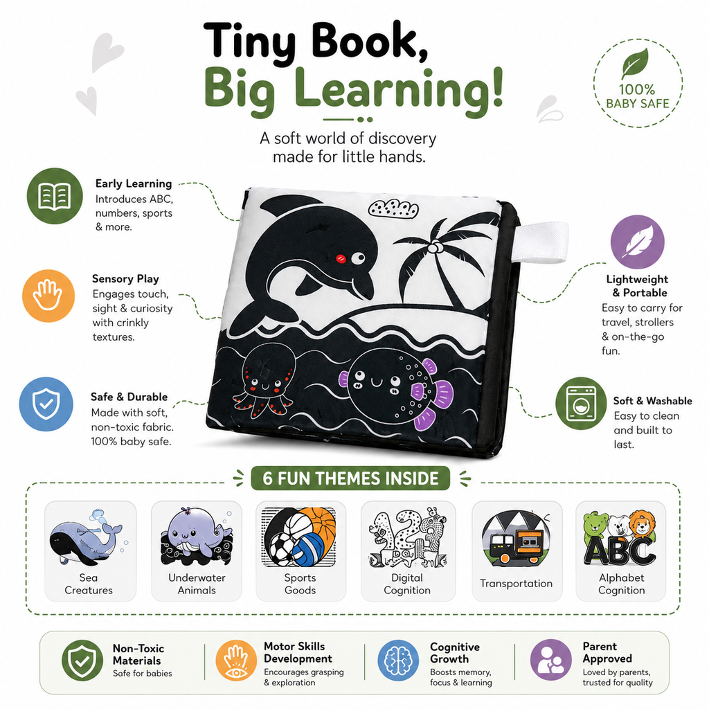 Baby Soft Cloth Book – High Contrast Sensory Educational Fabric Book