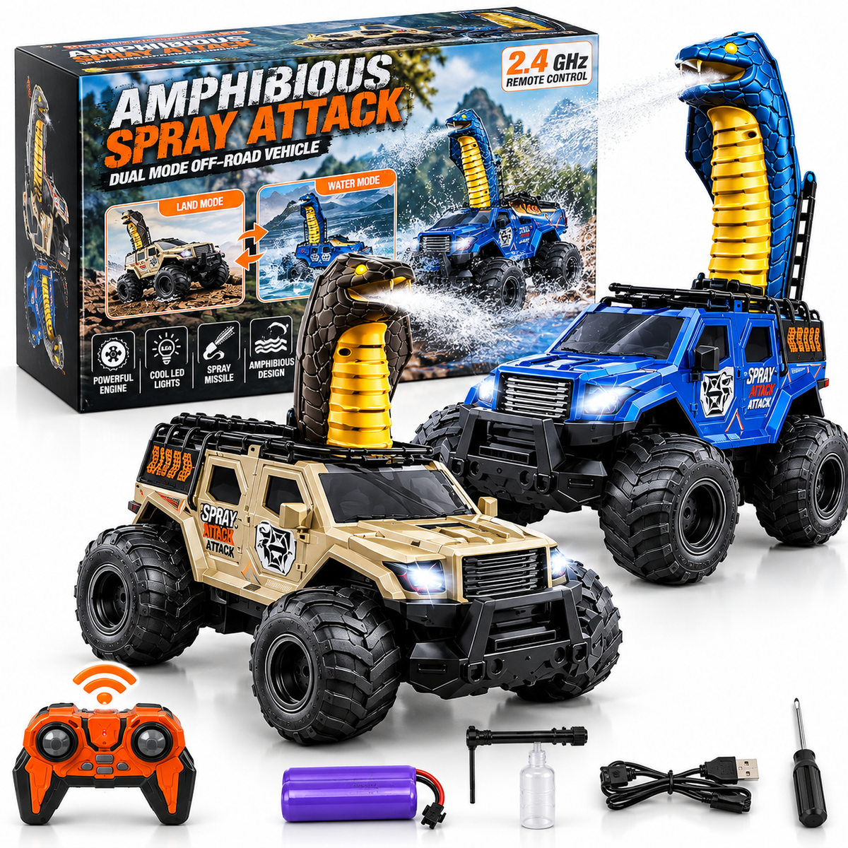 2.4GHz Amphibious RC Cobra Spray Monster Truck with Gesture Control
