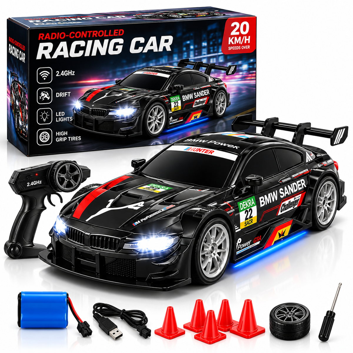 2.4GHz RC Racing Car – 20KM/H Drift Remote Control Car with LED Lights