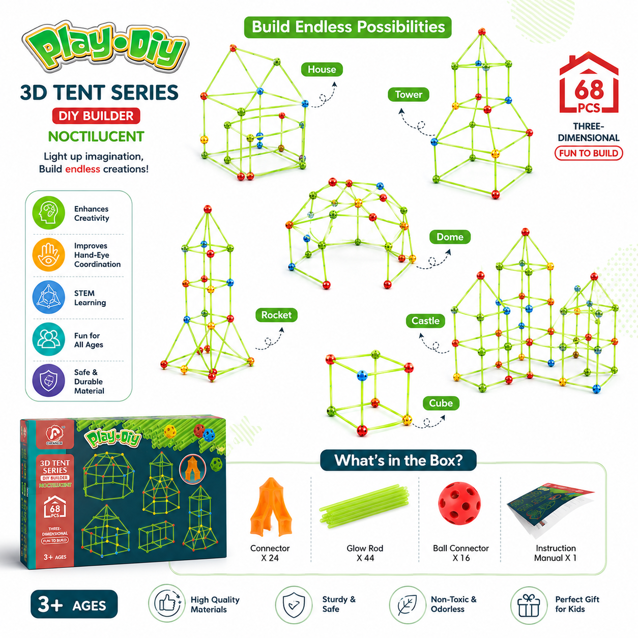 Play-Diy 3D Tent Series DIY Builder  – 68 PCS Glow Construction