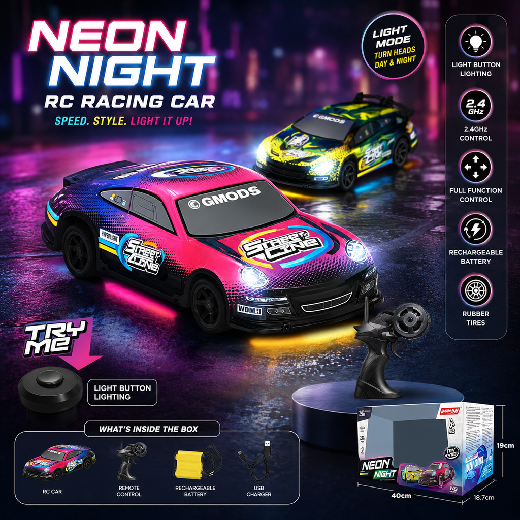 Neon Night RC Racing Car – Rechargeable Remote Control Toy