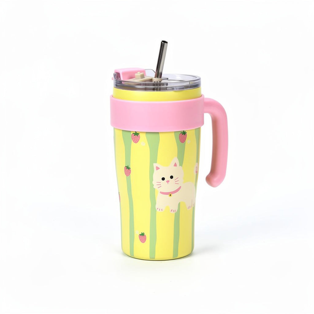 Cute Cartoon Insulated Travel Mug with Handle - Stainless Steel Straw