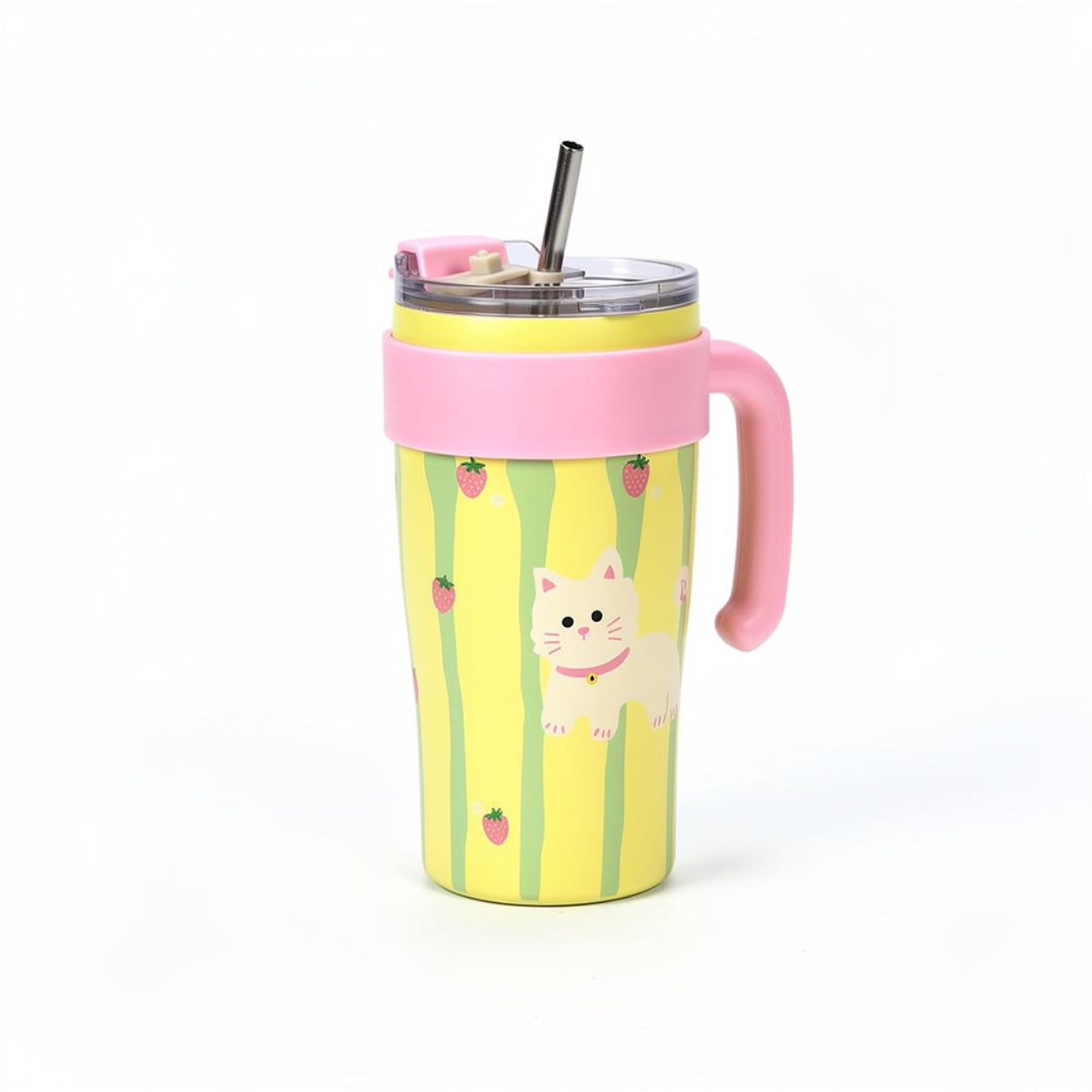 Cute Cartoon Insulated Travel Mug with Handle - Stainless Steel Straw