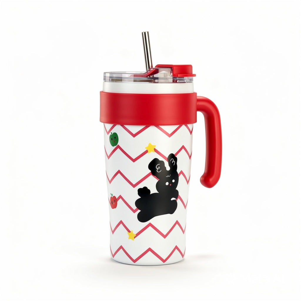 Cute Cartoon Insulated Travel Mug with Handle - Stainless Steel Straw
